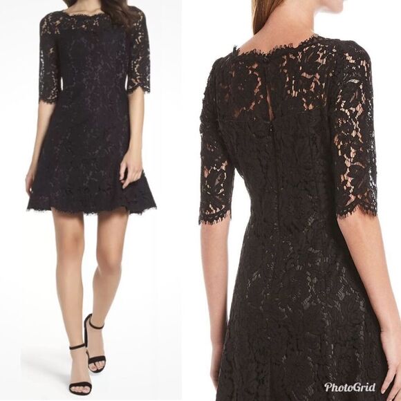 Eliza J Black Lace Mini Fit and Flare Cocktail Dress 3/4 Sleeves Size 2 - Picture 1 of 7